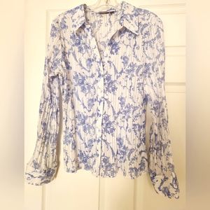 APT 9, XL, Long Sleeve Crinkle Blouse, Womens, Periwinkle and White